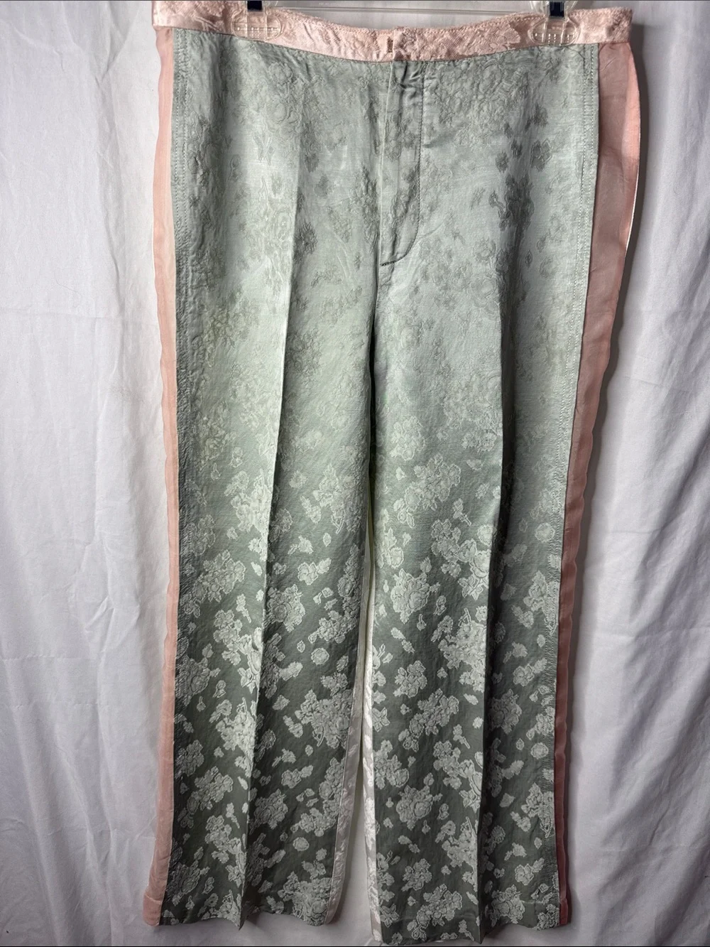 Zara Sage Green, Pink & White Jacquard Textured Pants with Sheer Pink Panels L
